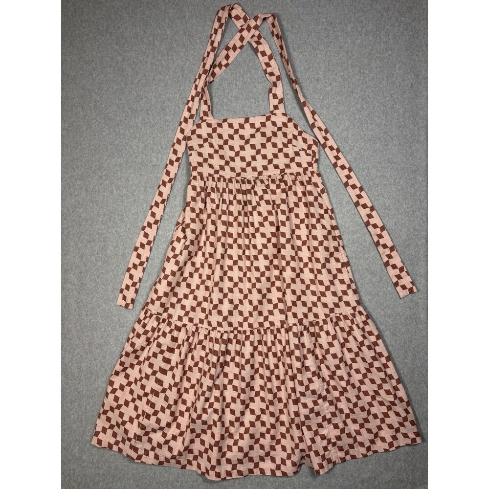 Madewell Womens Cicely Tiered Midi Dress Geo Checkerboard Pink Brown Cotton Sz 6
